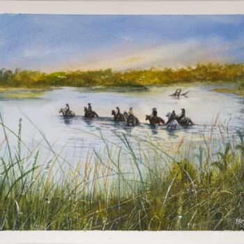 Pintura titulada "Cowboy River Crossi…" por Paula Bridges, Obra de arte original, Acuarela Montado en Otro panel rígido