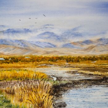 Painting titled "A River Runs Throug…" by Paula Bridges, Original Artwork, Watercolor Mounted on Other rigid panel