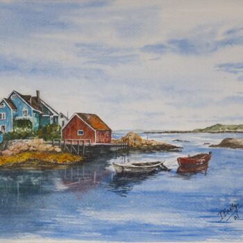 Schilderij getiteld "Peggy's Cove in Nov…" door Paula Bridges, Origineel Kunstwerk, Aquarel Gemonteerd op Andere stijve pane…