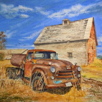 Painting titled "Rusty Old Truck beh…" by Paula Bridges, Original Artwork, Watercolor Mounted on Other rigid panel