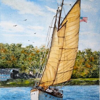 Painting titled "Sailboat on Blue La…" by Paula Bridges, Original Artwork, Watercolor Mounted on Other rigid panel