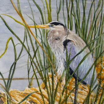 Painting titled "Great Blue Heron in…" by Paula Bridges, Original Artwork, Watercolor Mounted on Other rigid panel