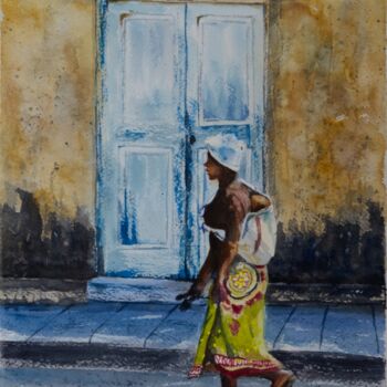 Malarstwo zatytułowany „African Mother Walk…” autorstwa Paula Bridges, Oryginalna praca, Akwarela Zamontowany na Inny sztywn…
