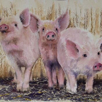 Painting titled "Three Little Pigs i…" by Paula Bridges, Original Artwork, Watercolor Mounted on Other rigid panel