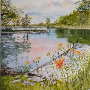 Ζωγραφική με τίτλο "Day Lily Lake in Wa…" από Paula Bridges, Αυθεντικά έργα τέχνης, Ακουαρέλα Τοποθετήθηκε στο Άλλος άκαμπτο…