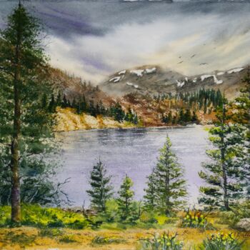 Malarstwo zatytułowany „McLeod Lake in Cali…” autorstwa Paula Bridges, Oryginalna praca, Akwarela Zamontowany na Inny sztywn…