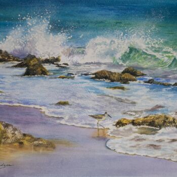 Painting titled "Waves on the North…" by Paula Bridges, Original Artwork, Watercolor Mounted on Other rigid panel