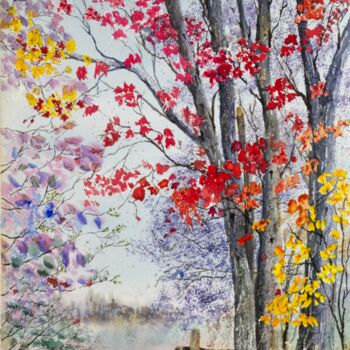 Ζωγραφική με τίτλο "Red Autumn Tree in…" από Paula Bridges, Αυθεντικά έργα τέχνης, Ακουαρέλα Τοποθετήθηκε στο Άλλος άκαμπτος…
