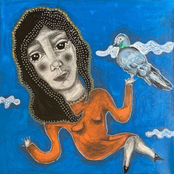 Painting titled "La fille aux pigeons" by Paula Camaré, Original Artwork, Acrylic Mounted on Wood Stretcher frame