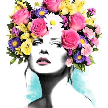Digital Arts titled "Floral Rosa Azul" by Paula Machado, Original Artwork, Digital Painting