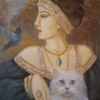 Pintura intitulada "A Dama e o gato" por Paula Machado, Obras de arte originais, Óleo