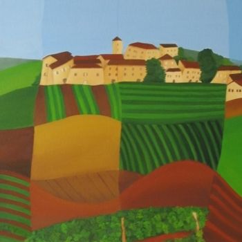 Painting titled "Village Beaujolais" by Paula Valdivia, Original Artwork, Oil Mounted on Wood Stretcher frame