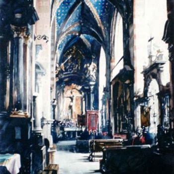 Painting titled "Collatéral, Eglise…" by Paul Dmoch, Original Artwork, Watercolor