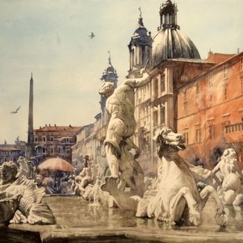 Картина под названием "La fontana del Nett…" - Paul Dmoch, Подлинное произведение искусства