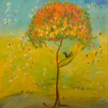 Painting titled "Oiseau en automne" by Paulette Desse, Original Artwork, Acrylic