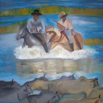 Painting titled "Llaneros arreando e…" by Paulette, Original Artwork, Oil