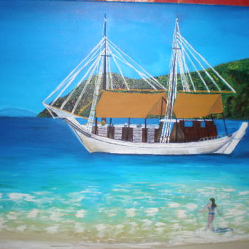 Pintura titulada "Goleta en isla Esme…" por Paulette, Obra de arte original, Oleo