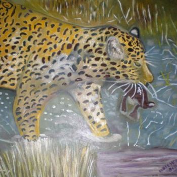 Schilderij getiteld "Tigre en los llanos…" door Paulette, Origineel Kunstwerk, Olie