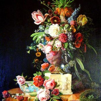Malerei mit dem Titel "Bloemstuk op marmer…" von Paul Gosselin, Original-Kunstwerk, Andere