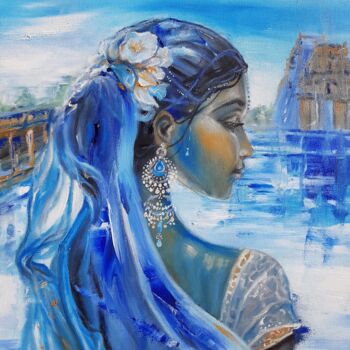 Painting titled "Blue veil" by Pauline Cazes, Original Artwork, Oil Mounted on Wood Stretcher frame