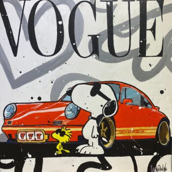 Painting titled "Snoopy et ça Porsch…" by Pauline Cornee, Original Artwork, Acrylic Mounted on Wood Stretcher frame