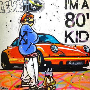 Malarstwo zatytułowany „Mario 80’ Porsche” autorstwa Pauline Cornee, Oryginalna praca, Akryl Zamontowany na Drewniana rama n…
