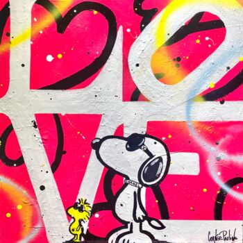 Painting titled "I love you ! Snoopy" by Pauline Cornee, Original Artwork, Acrylic Mounted on Wood Stretcher frame