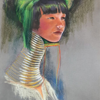 Malerei mit dem Titel "Femme Girafe" von Paul Lebrun, Original-Kunstwerk, Pastell