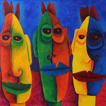 Картина под названием "three heads" - Paul Megens, Подлинное произведение искусства, Акрил Установлен на Алюминий