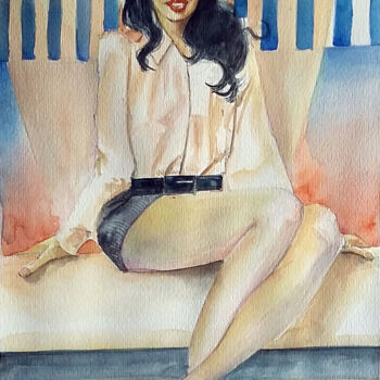 Painting titled "Mulher no sofá" by Paulo Di Santoro, Original Artwork, Watercolor