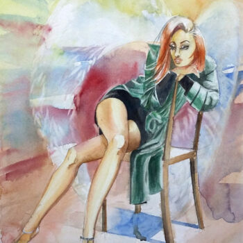 Malerei mit dem Titel "Sentada na Cadeira" von Paulo Di Santoro, Original-Kunstwerk, Aquarell