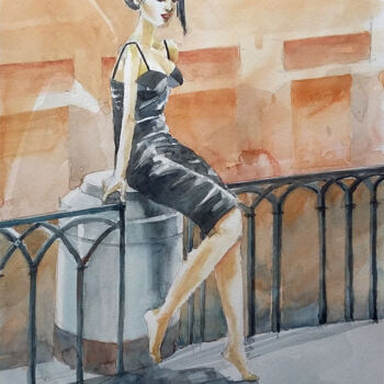 Pintura intitulada "Mulher na Ponte" por Paulo Di Santoro, Obras de arte originais, Aquarela