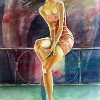 Painting titled "Mulher esperando" by Paulo Di Santoro, Original Artwork, Watercolor