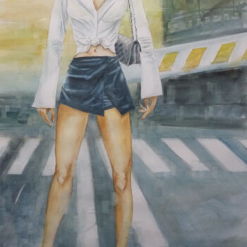 Pintura intitulada "Caminhando com bolsa" por Paulo Di Santoro, Obras de arte originais, Aquarela