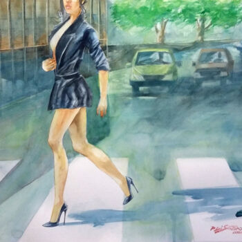 Pintura intitulada "Atravessando a Rua" por Paulo Di Santoro, Obras de arte originais, Aquarela