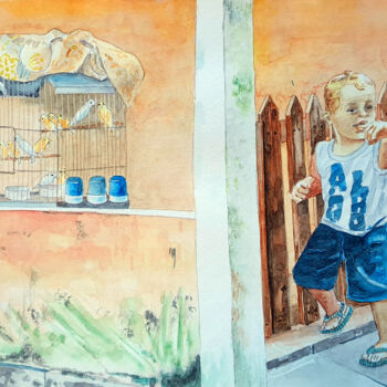 Pintura intitulada "O Menino e Os Pássa…" por Paulo Di Santoro, Obras de arte originais, Aquarela