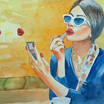 Pintura intitulada "Moça no Café" por Paulo Di Santoro, Obras de arte originais, Aquarela