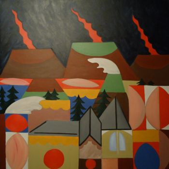 Painting titled "FIRE IN THE VILLAGE" by Paulo Fontinha, Original Artwork