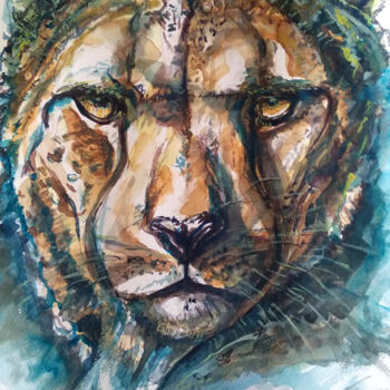 Painting titled "Cheetah's looking" by Paulos Stollas, Original Artwork, Watercolor