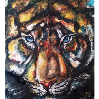 Painting titled "Tiger eyes" by Paulos Stollas, Original Artwork, Watercolor