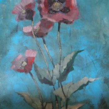 Painting titled "Poppies on Blue" by Paulus Hoffman, Original Artwork, Oil