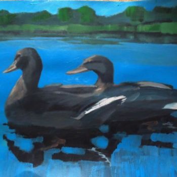 Painting titled "two ducks on calm w…" by Paulus Hoffman, Original Artwork, Oil