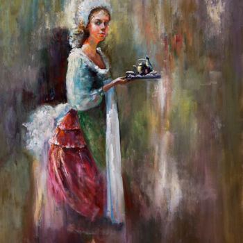 Painting titled "maid" by Pavel Filin, Original Artwork, Oil Mounted on Wood Stretcher frame