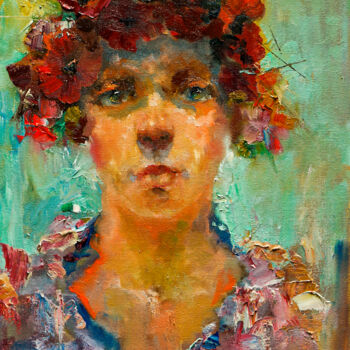 Painting titled "spring with pigtails" by Pavel Filin, Original Artwork, Oil Mounted on Wood Stretcher frame