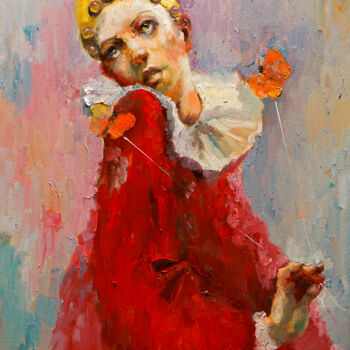 Painting titled "BOY WITH BUTTERFLY" by Pavel Filin, Original Artwork, Oil Mounted on Wood Stretcher frame