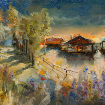 Painting titled "1 sunset" by Pavel Filin, Original Artwork, Oil Mounted on Wood Stretcher frame