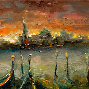 Painting titled "warm evening" by Pavel Filin, Original Artwork, Oil Mounted on Wood Stretcher frame