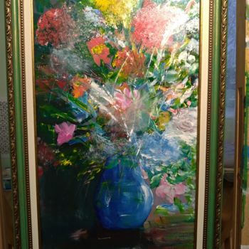 Malarstwo zatytułowany „Картина" Цветы в лу…” autorstwa Павел Гужвин, Oryginalna praca, Akryl