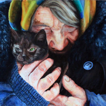 Painting titled "Woman and cat" by Pavel Krasheninin, Original Artwork, Oil