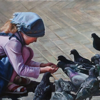 Peinture intitulée "Girl and pigeons" par Pavel Krasheninin, Œuvre d'art originale, Huile